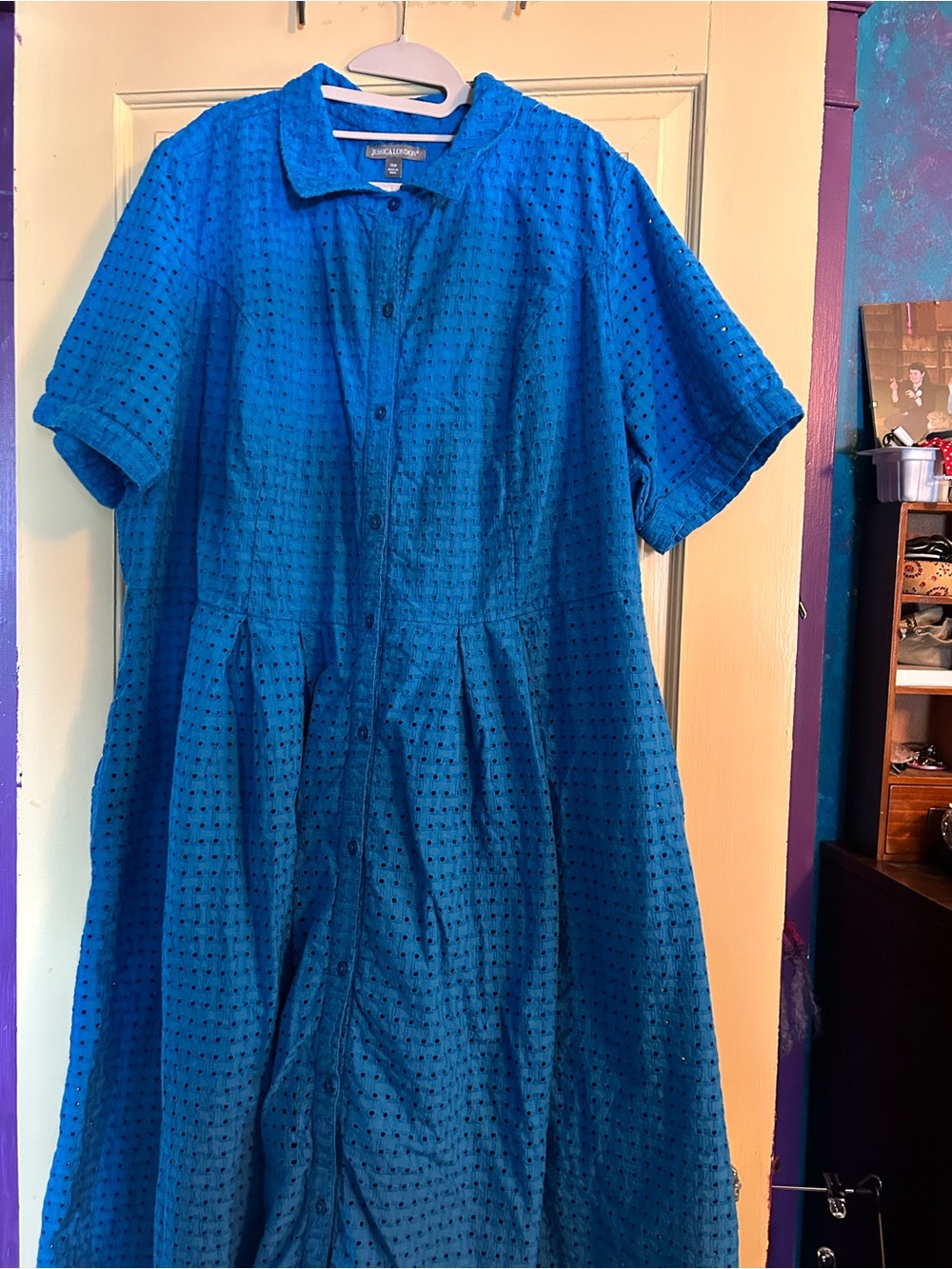 Jessica London Blue Eyelet Button-Front Midi Dress